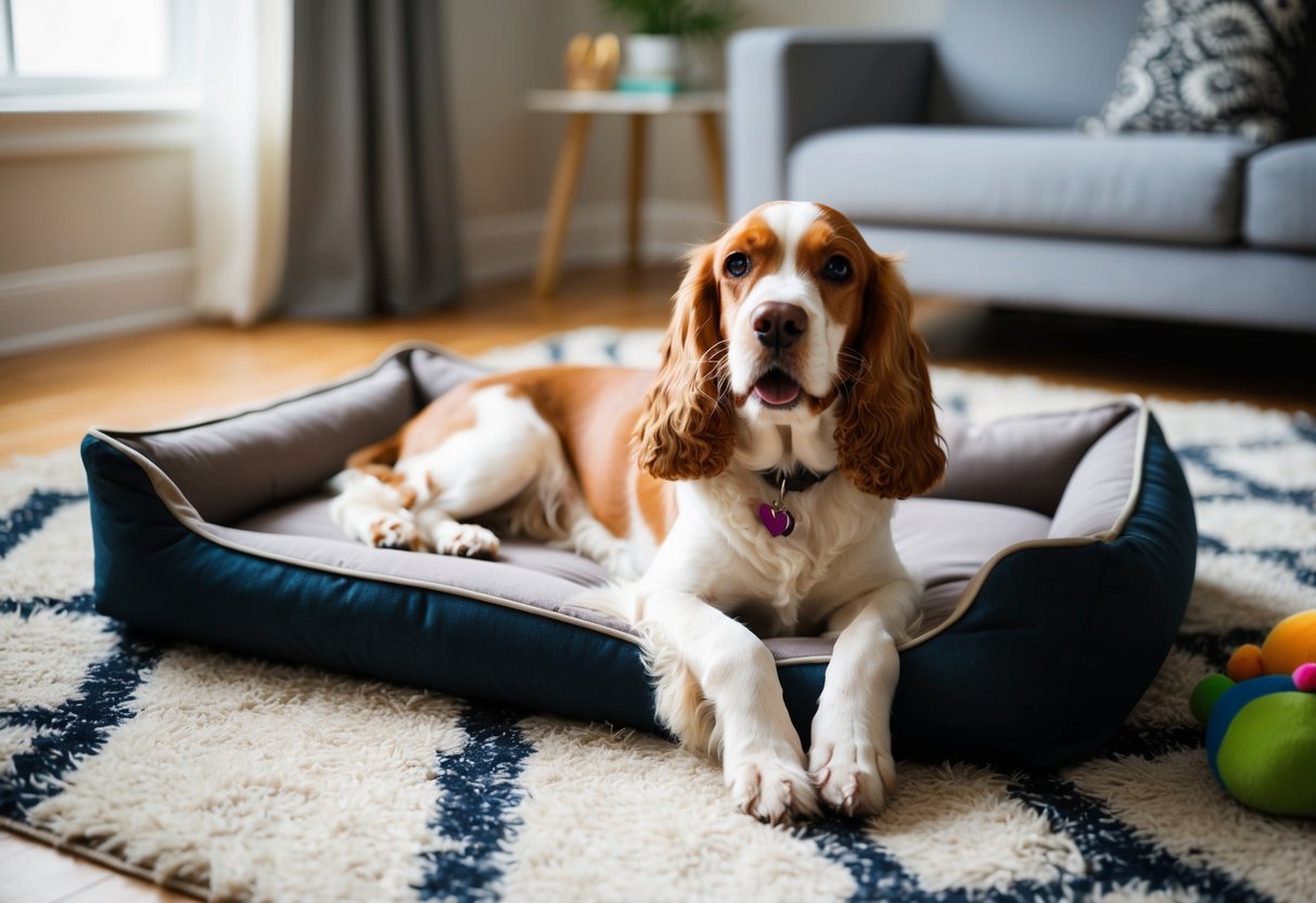 A cocker spaniel lounges on a cozy living room rug, with a wagging tail and a relaxed expression, surrounded by toys and a comfortable dog bed