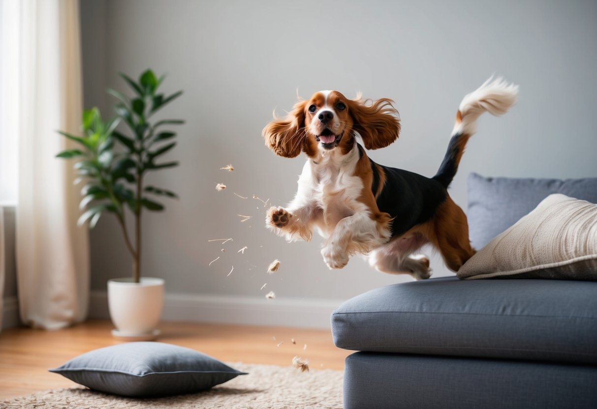 A cocker spaniel jumps and barks, knocking over a plant and tearing at a pillow. Its tail wags frantically as it darts around the room