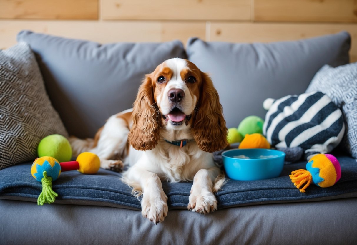 A happy cocker spaniel lounges on a cozy couch, surrounded by toys and a bowl of water, with a wagging tail and a content expression