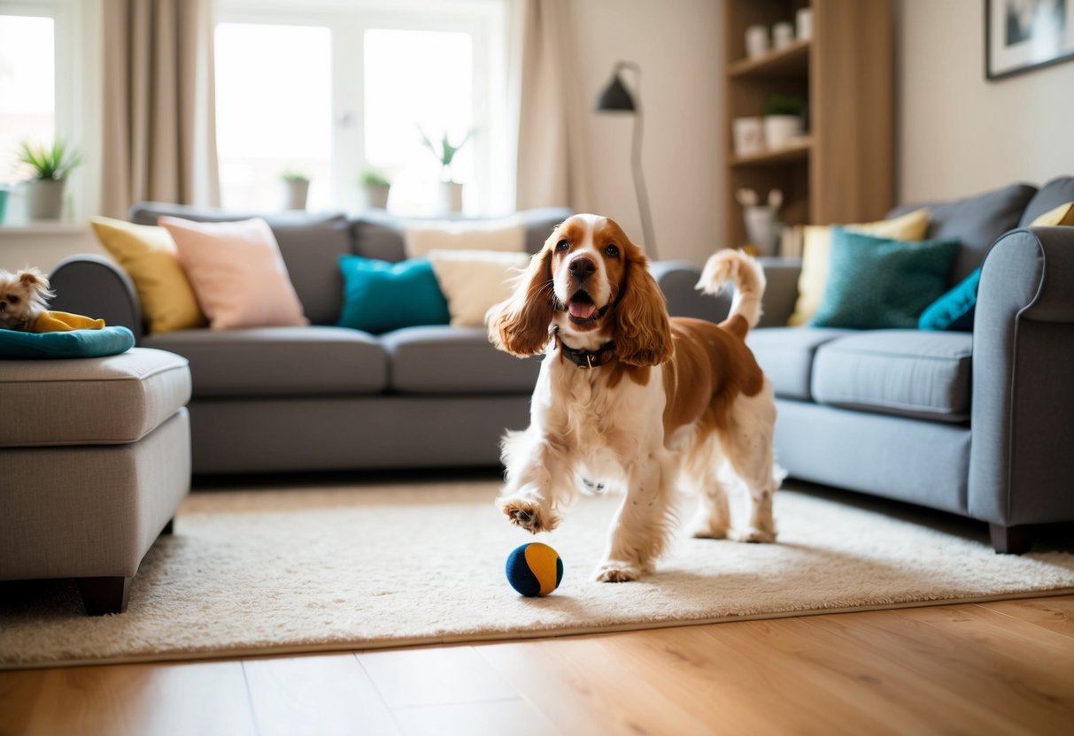 A cozy living room with a cheerful cocker spaniel playing with a toy and wagging its tail, surrounded by comfortable furniture and pet supplies