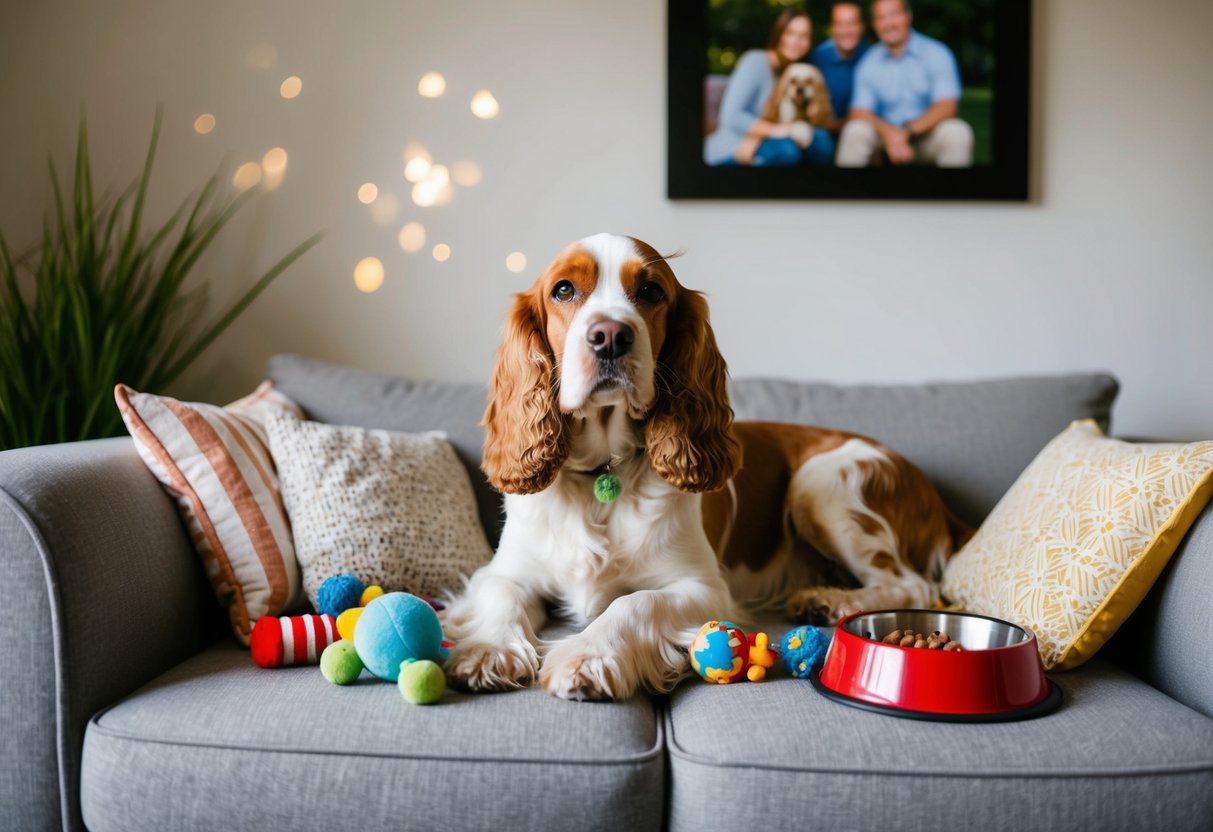A cocker spaniel lounges on a cozy couch, surrounded by toys and a food bowl. A family photo hangs on the wall