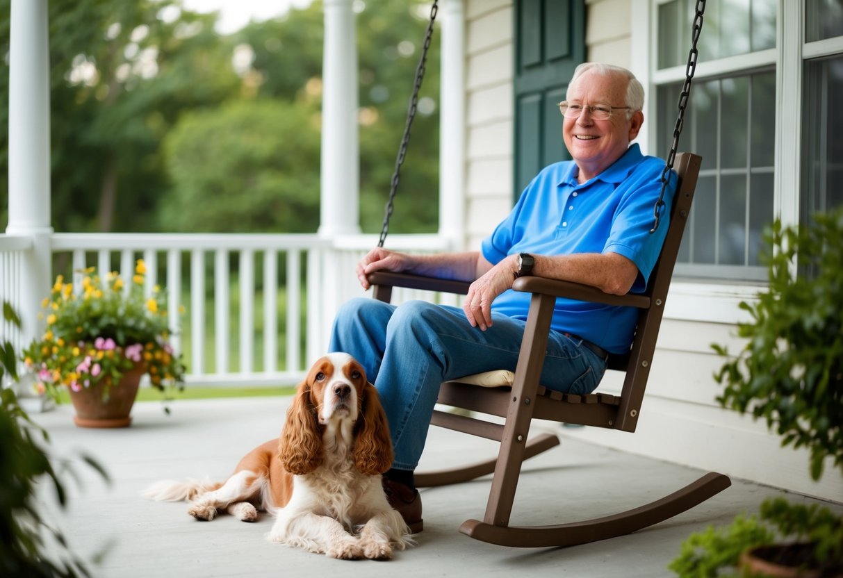 A senior citizen sitting on a porch swing, smiling while a cocker spaniel lays at their feet, looking up at them with adoring eyes