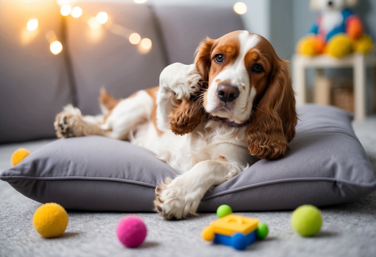 A cocker spaniel lying on a soft cushion, scratching its ear with its hind leg, surrounded by scattered toys and a chewed-up shoe