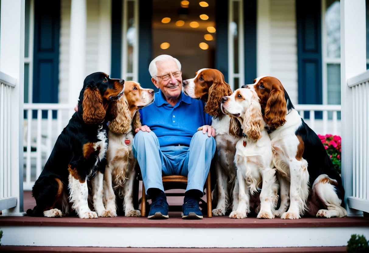 A senior citizen sitting on a porch, surrounded by several cocker spaniels. The dogs are affectionately nuzzling and sitting close to the senior, creating a sense of companionship and comfort