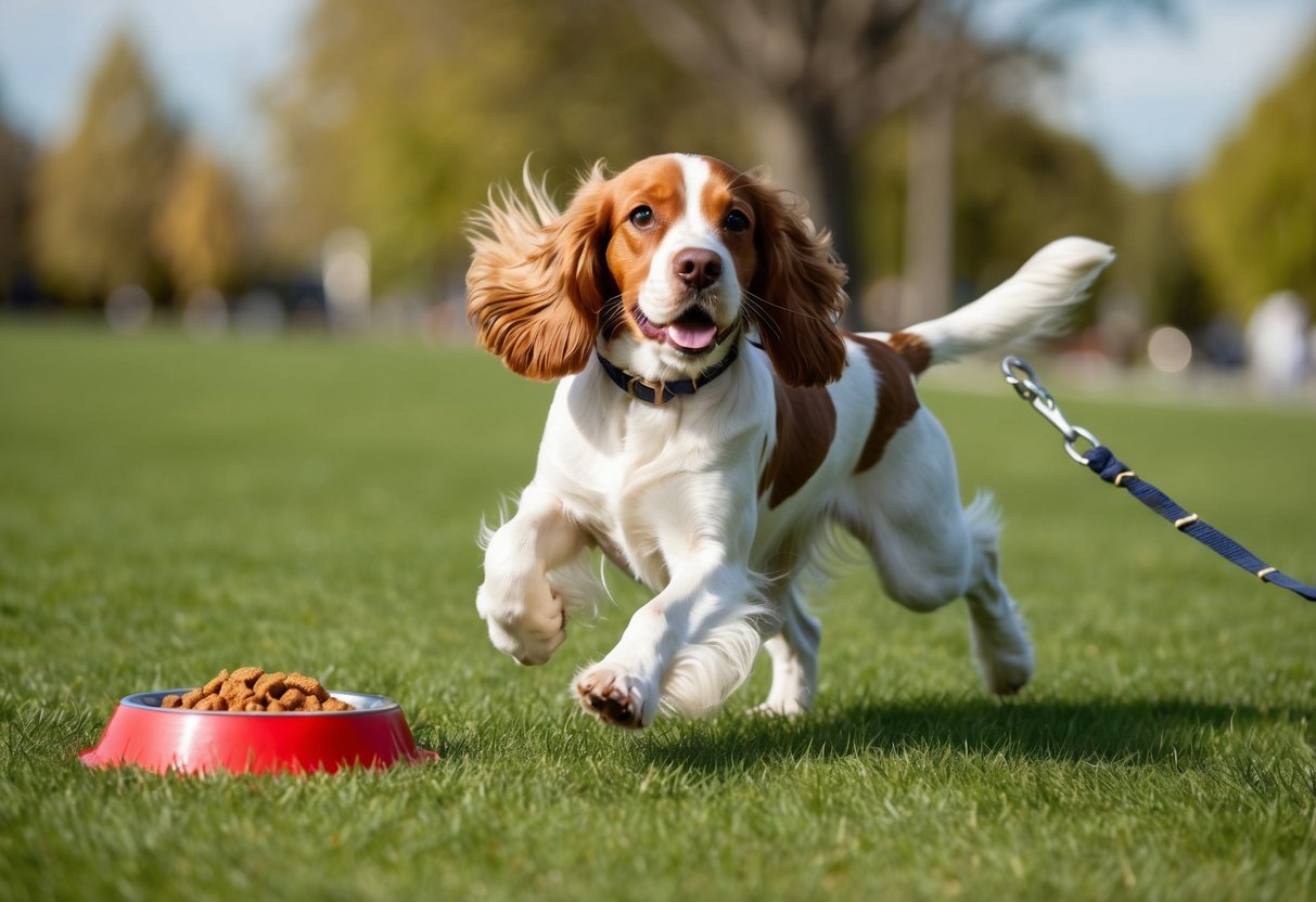 A Cocker Spaniel running in a park, with a bowl of healthy dog food and a leash nearby