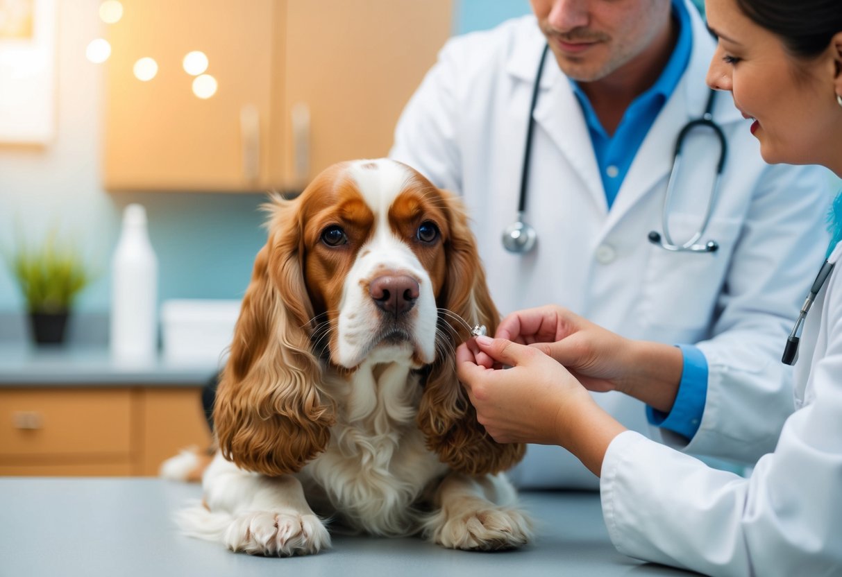 A cocker spaniel receiving preventive care at the veterinarian's office, with a focus on ear and eye health