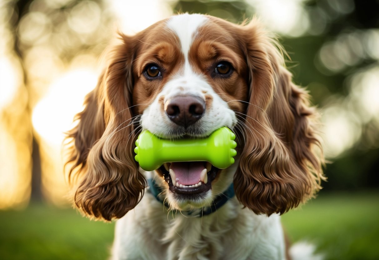 A cocker spaniel with a strong bite clamping down on a sturdy chew toy