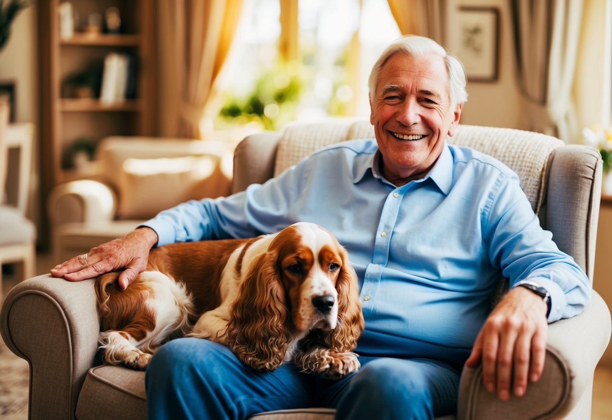 A senior citizen sits in a cozy living room, smiling as their cocker spaniel curls up beside them on a plush armchair. The room is filled with warm sunlight and comforting decor, creating a peaceful and content atmosphere