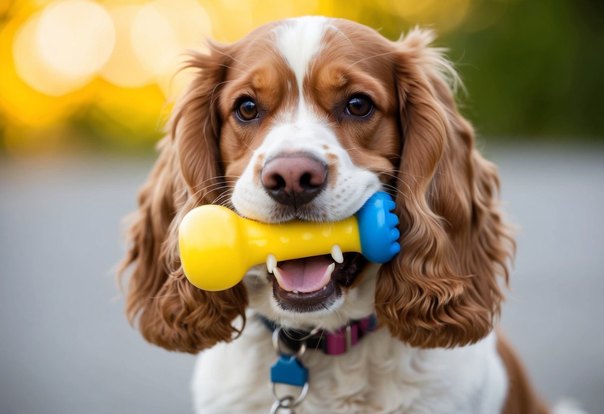 A cocker spaniel with a firm grip on a chew toy, displaying strong bite force