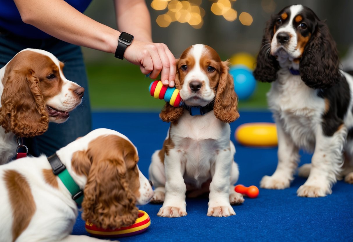 A cocker spaniel puppy is being trained with a toy to discourage strong biting behavior. Other dogs are present, engaging in socialization activities