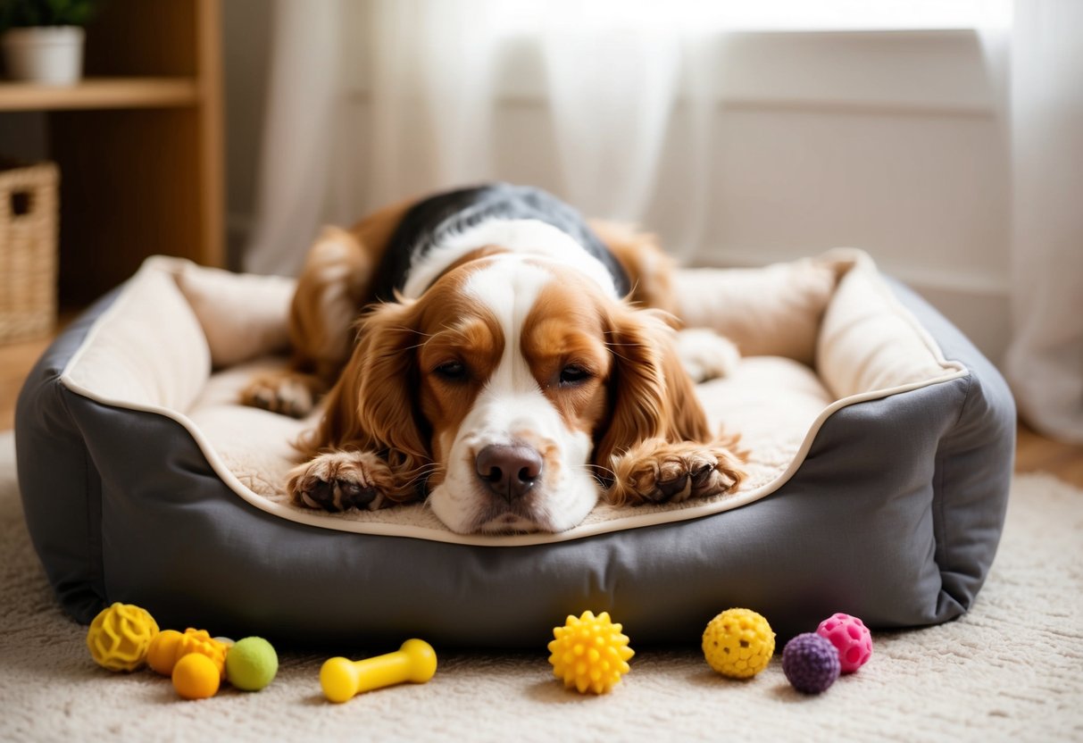 A Cocker Spaniel peacefully resting on a cozy dog bed, surrounded by toys and treats, with a gentle smile on its face