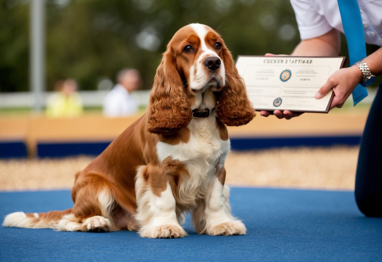 A Cocker Spaniel sits attentively, ears perked and tail wagging, as it is examined by a person holding a breed standard