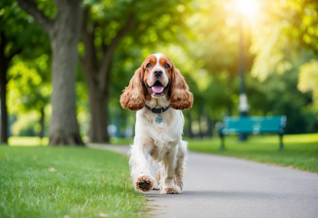 A vibrant 14-year-old cocker spaniel enjoying a leisurely walk in a lush, sunlit park, exuding vitality and happiness