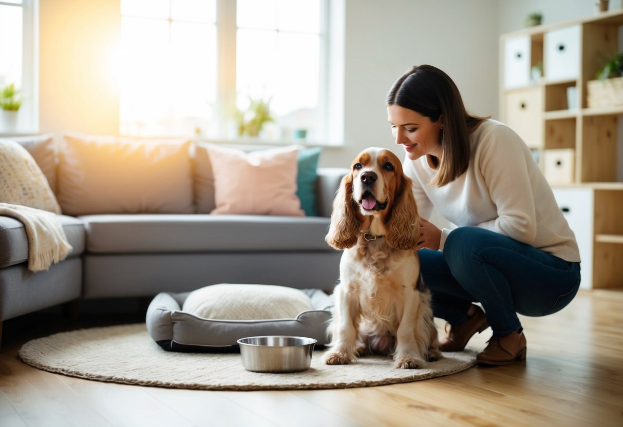 A cozy living room with a sunlit window, a comfortable dog bed, and a bowl of fresh water. A caring owner is petting a healthy and happy cocker spaniel