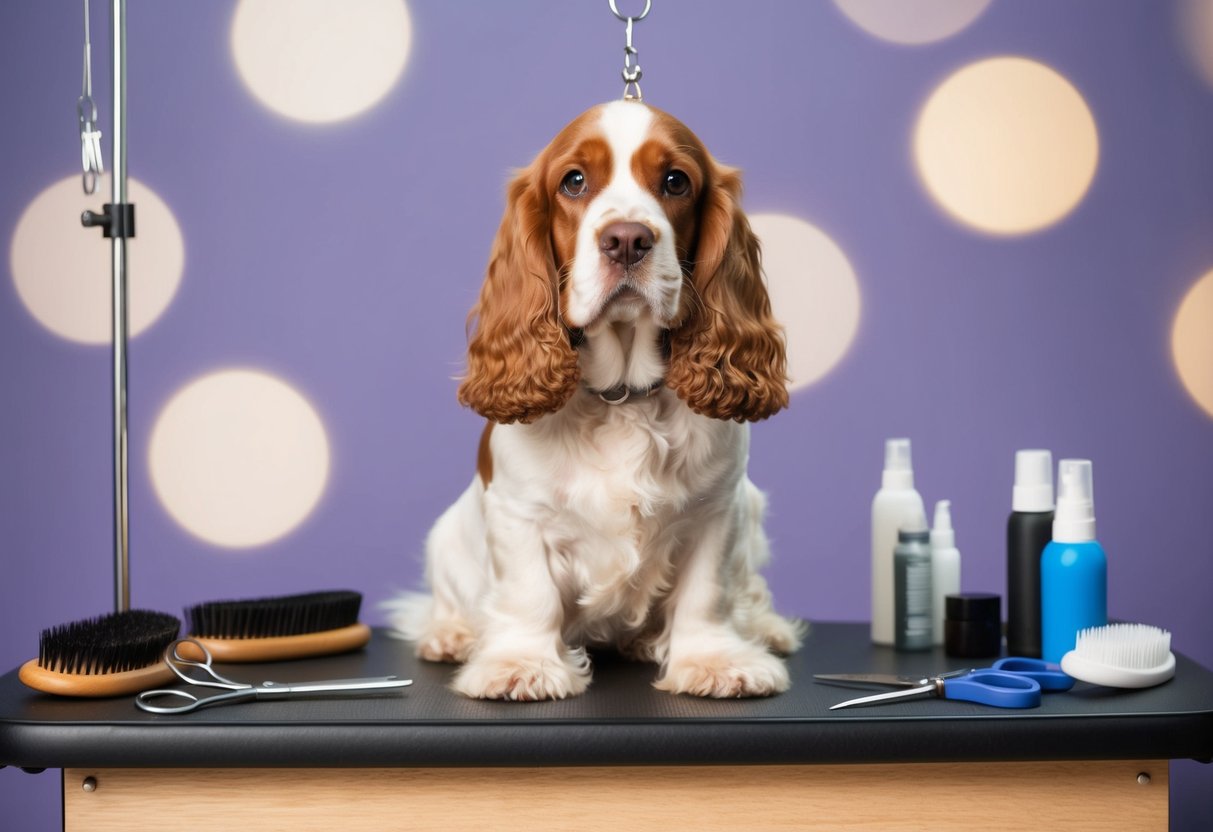 A well-groomed cocker spaniel sitting on a grooming table, surrounded by brushes, scissors, and grooming products