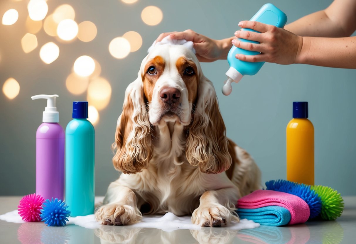 A cocker spaniel getting a bath with a gentle, hypoallergenic shampoo, surrounded by colorful bottles of dog grooming products
