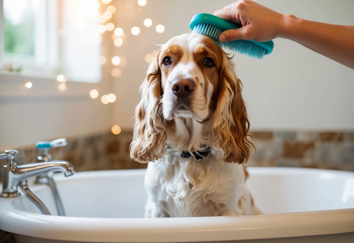 A cocker spaniel getting a bath with a gentle shampoo, followed by a thorough brushing to remove loose hair and reduce odors