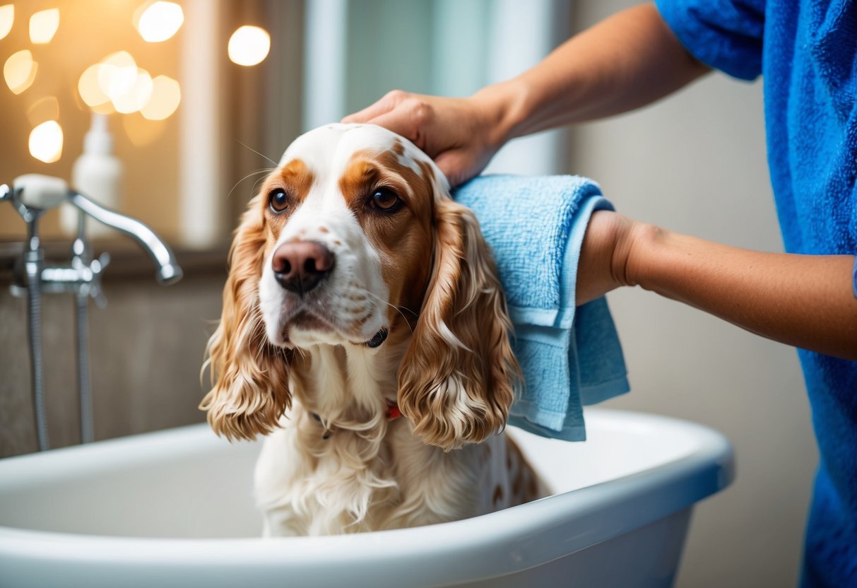A cocker spaniel getting a bath with a gentle dog shampoo, followed by a thorough drying with a clean towel