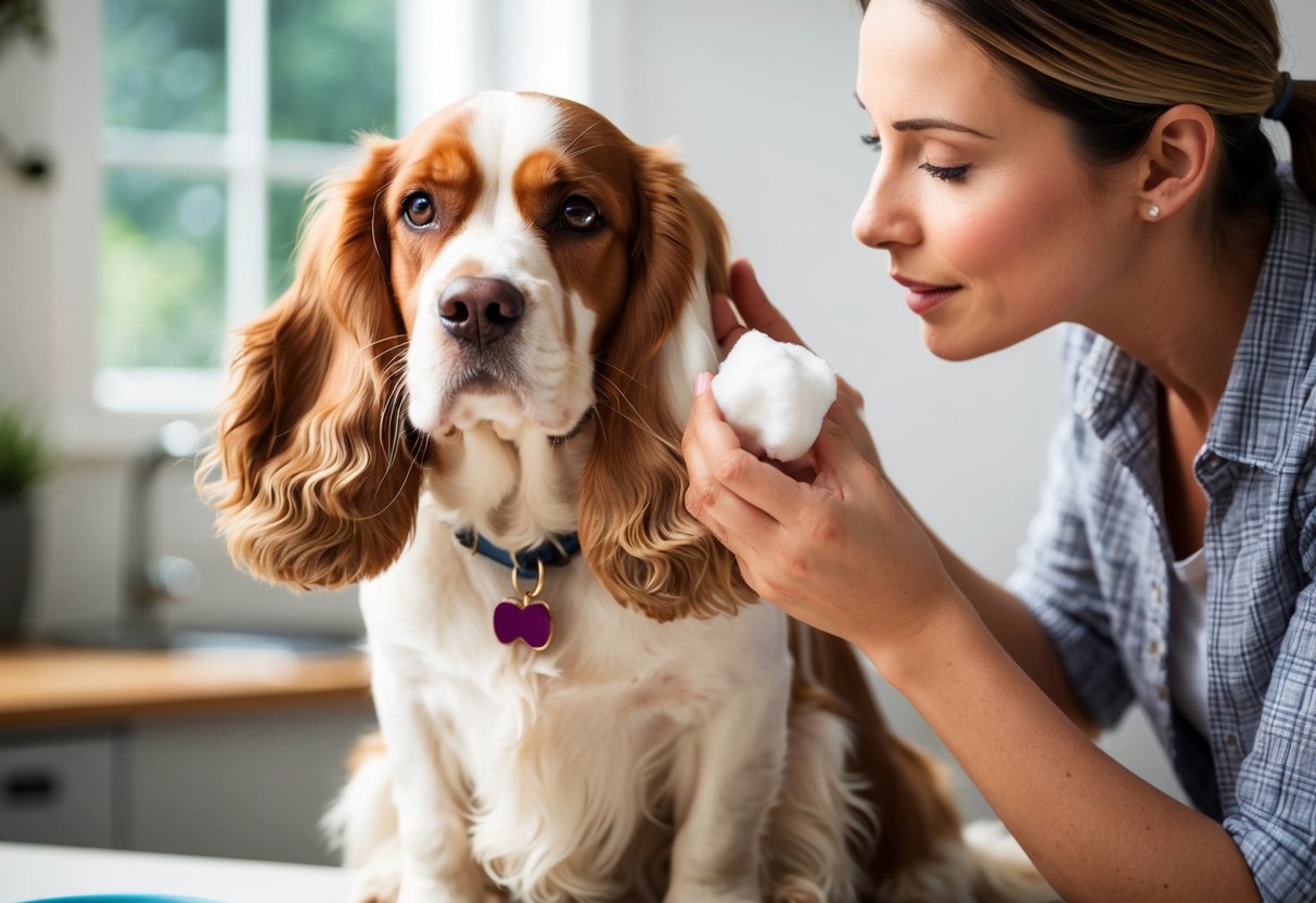 A cocker spaniel with floppy ears sits calmly as its owner gently cleans its ears with a cotton ball and ear cleaning solution