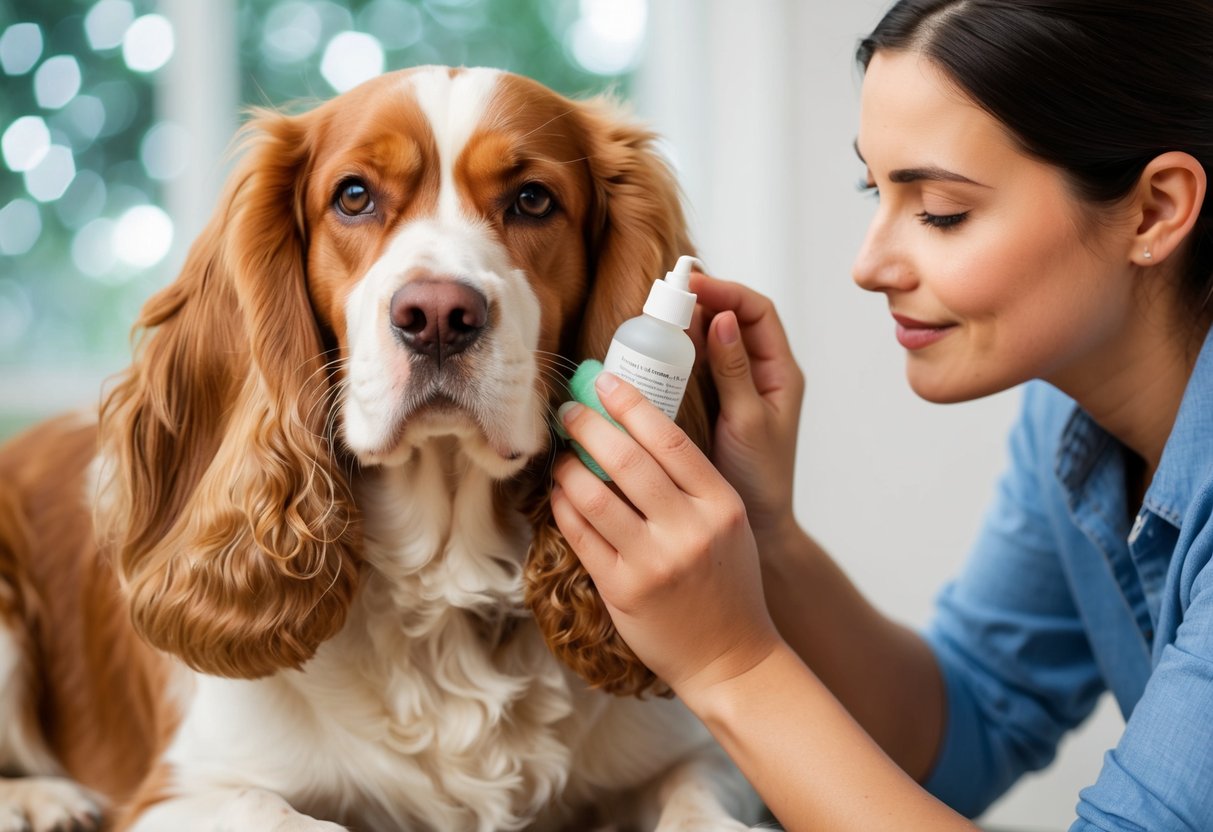 A Cocker Spaniel with floppy ears sits calmly as its owner gently cleans its ears with a soft cloth and ear cleaning solution