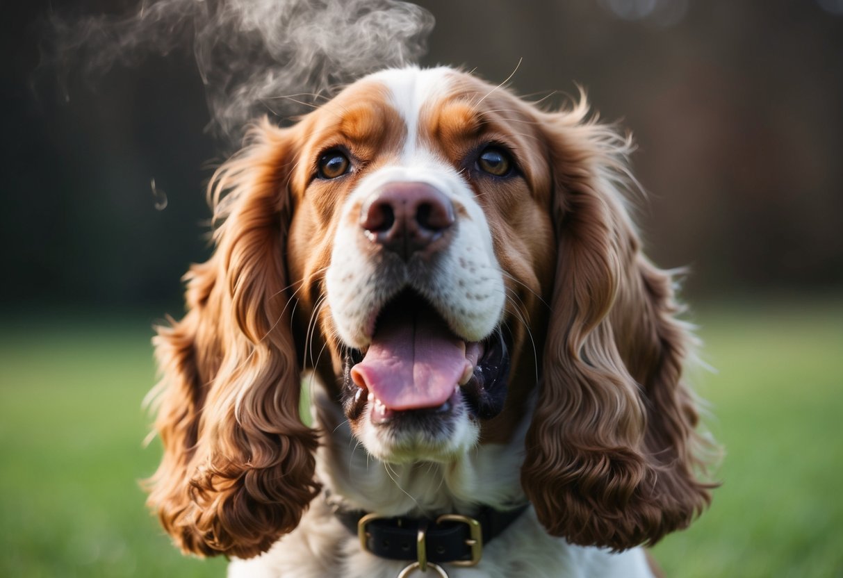 A cocker spaniel with its mouth open, emitting a foul odor