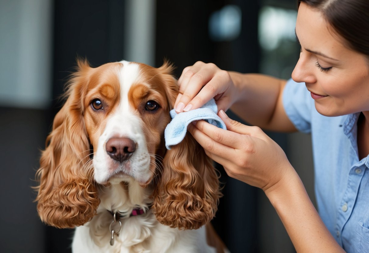 A cocker spaniel getting its ears gently cleaned by its owner using a soft cloth and ear cleaning solution