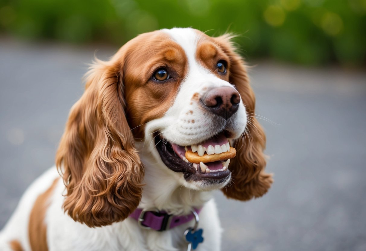 A Cocker Spaniel with shiny, clean teeth and fresh breath, happily chewing on a dental treat