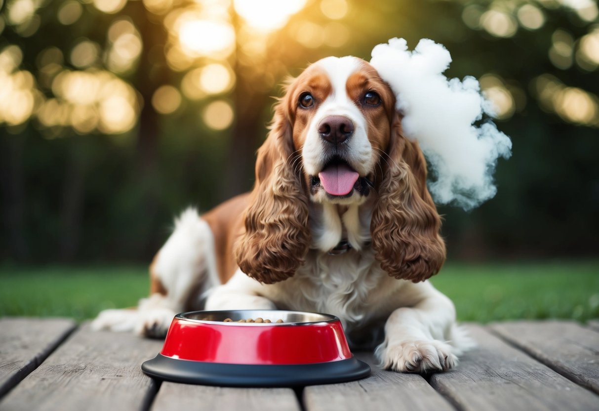 A Cocker Spaniel sits by a food bowl, with a cloud of stinky breath wafting from its mouth