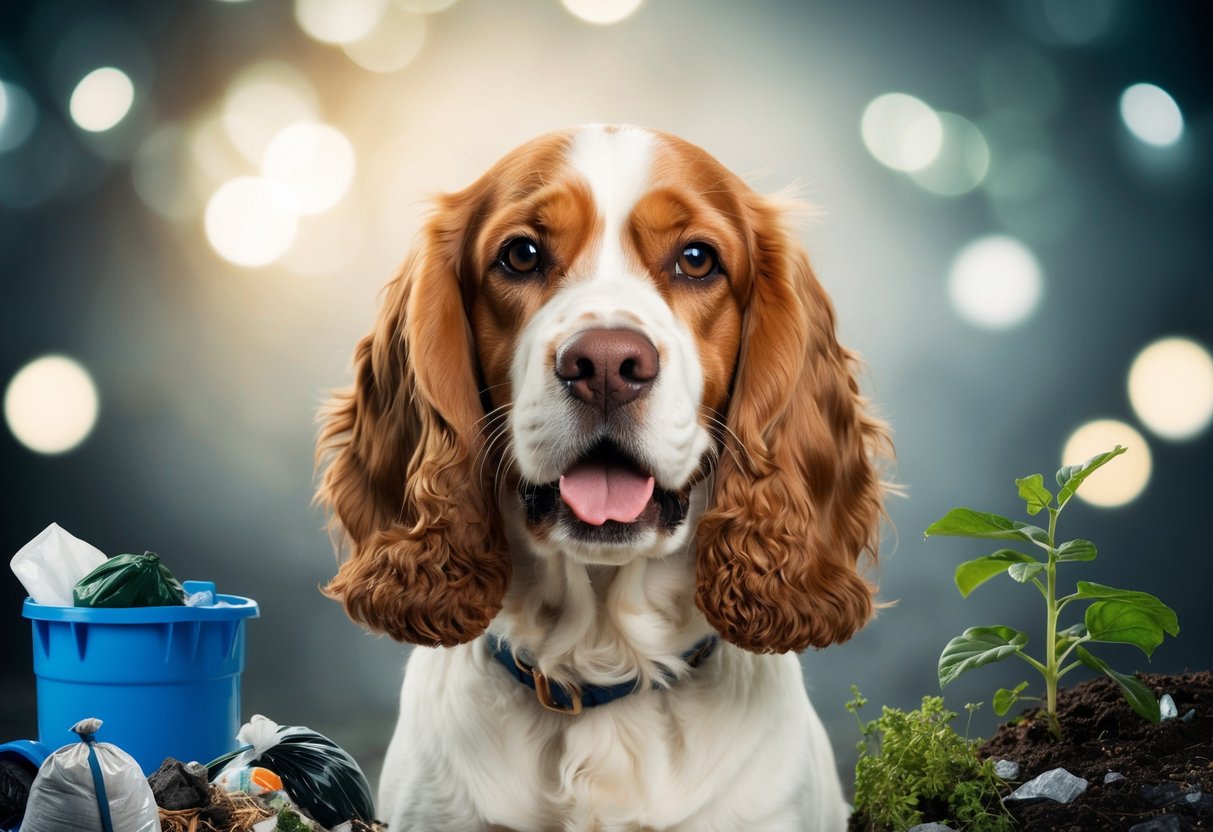A cocker spaniel with bad breath, surrounded by various factors that contribute to foul odor, such as garbage, dirty water, and decaying plants