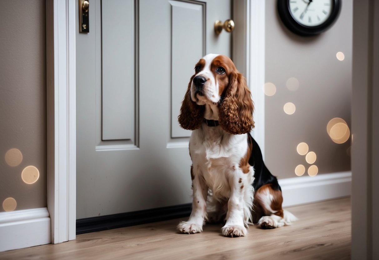 A cocker spaniel stands by the door, legs crossed, looking anxiously at a clock on the wall