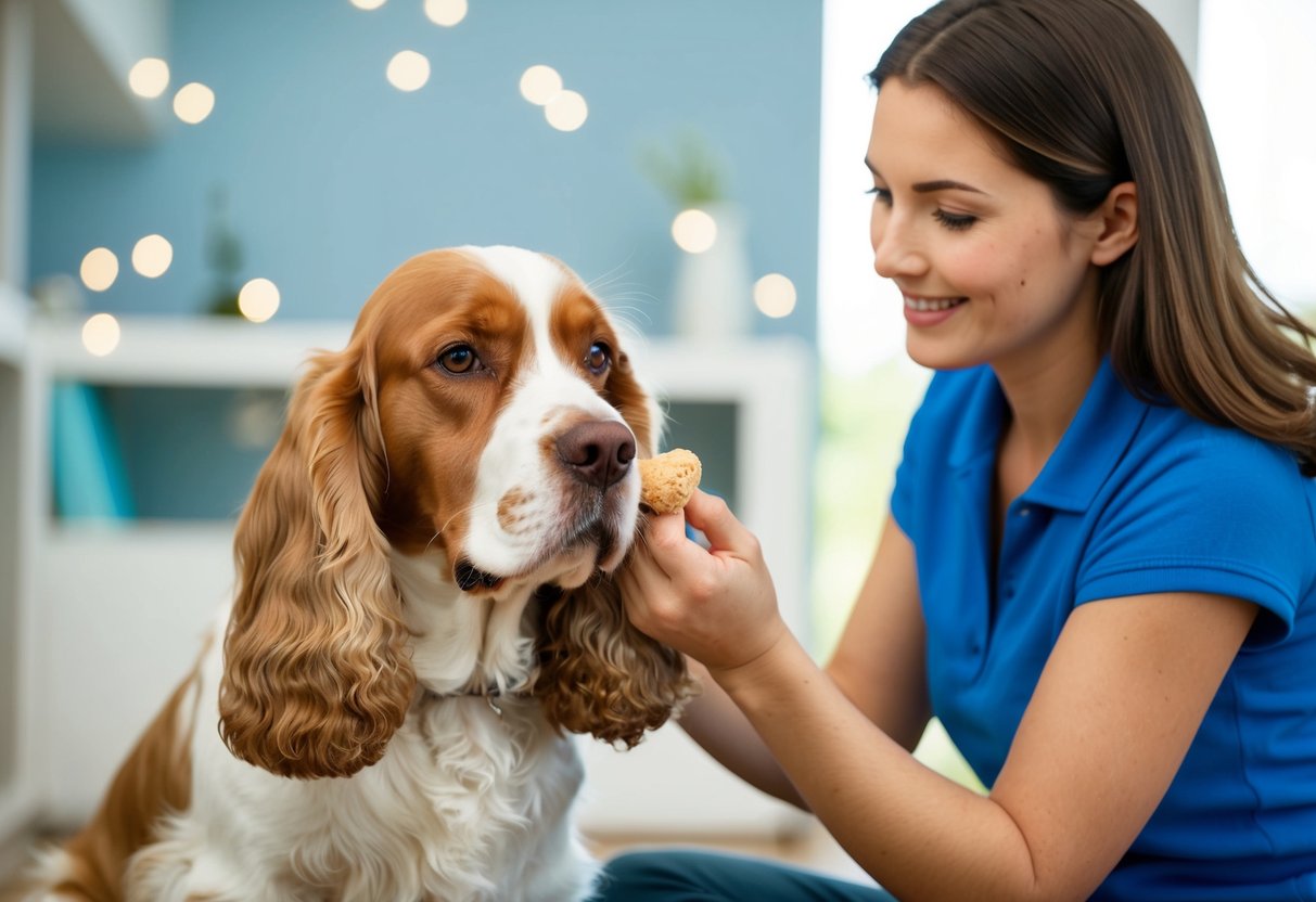 A Cocker Spaniel being gently brushed and given a treat by its owner