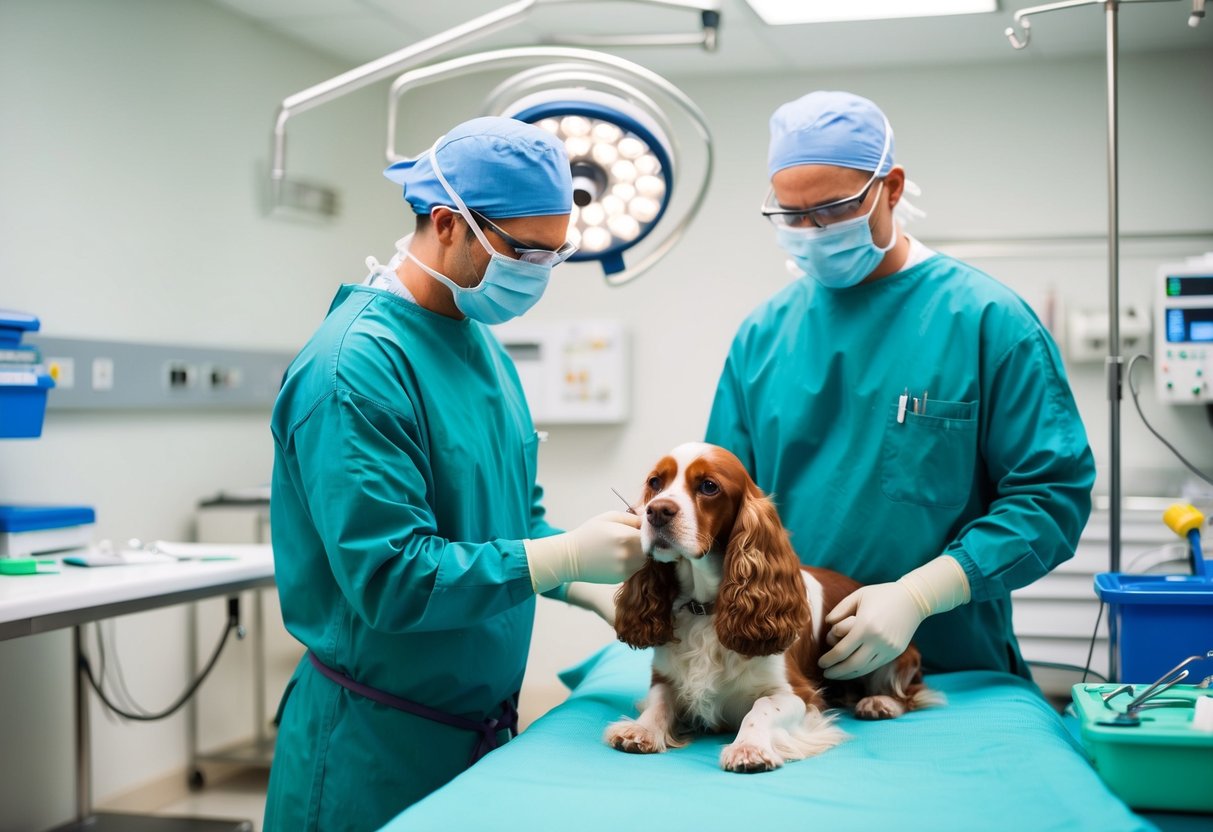 A veterinarian performing a neutering surgery on a cocker spaniel in a sterile operating room with surgical tools and equipment
