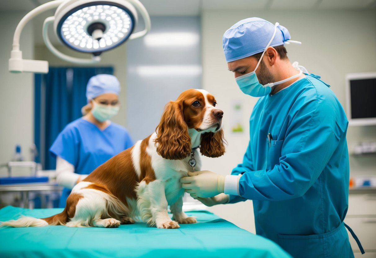 A veterinarian performing a neuter surgery on a Cocker Spaniel in a sterile operating room