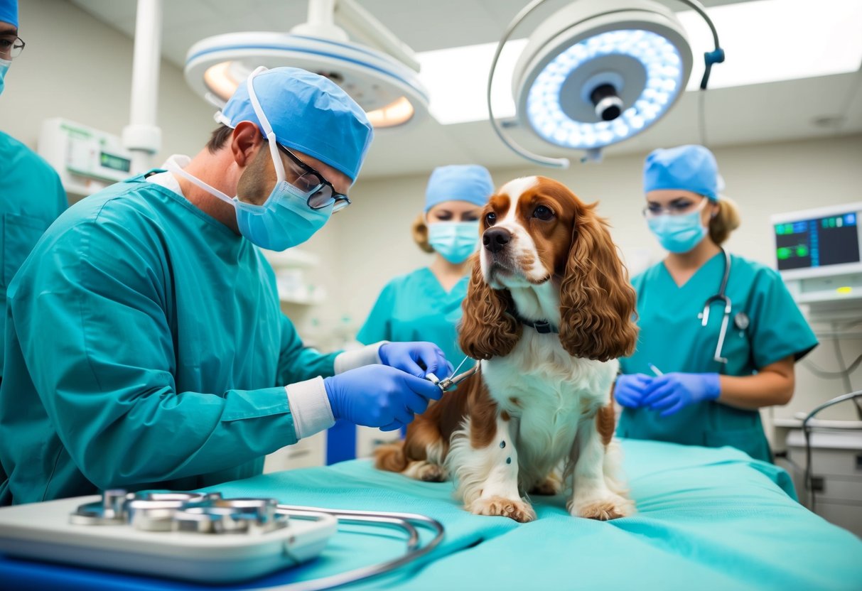A veterinarian performing a neutering surgery on a cocker spaniel in a sterile operating room, surrounded by medical equipment and a team of assistants