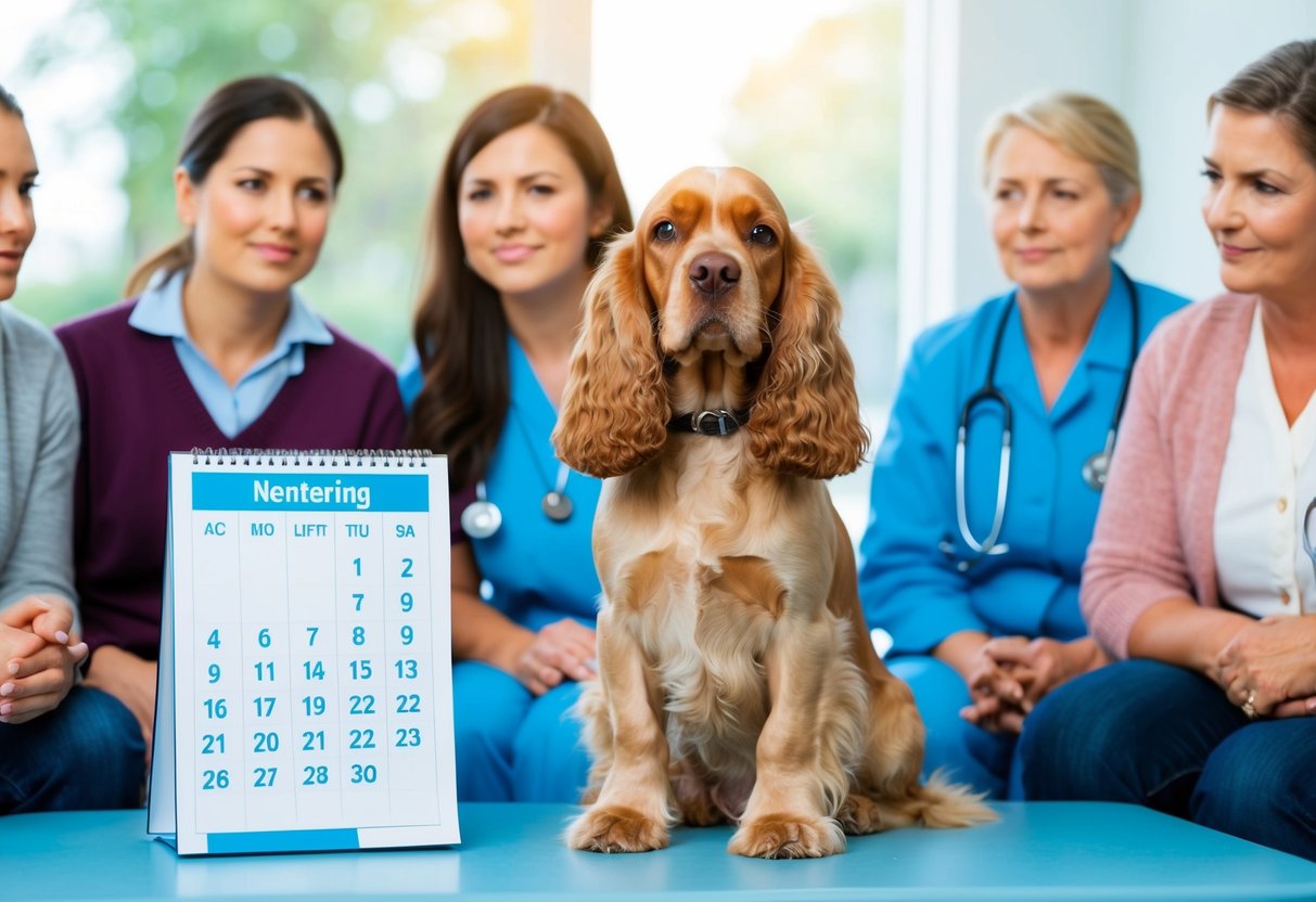 A cocker spaniel sitting beside a veterinarian, with a calendar showing the age milestones for neutering, surrounded by concerned pet owners