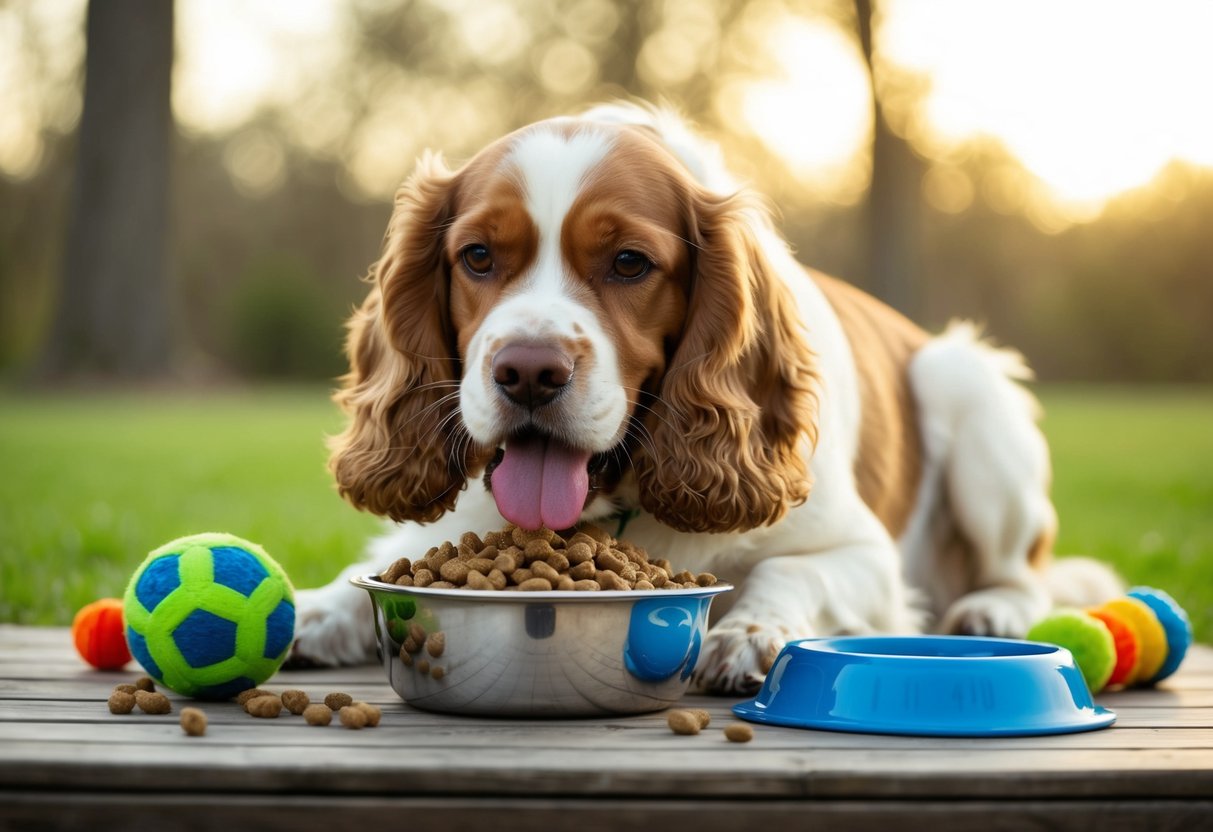 A cocker spaniel eagerly eats a bowl of high-quality dog food, surrounded by toys and a water dish