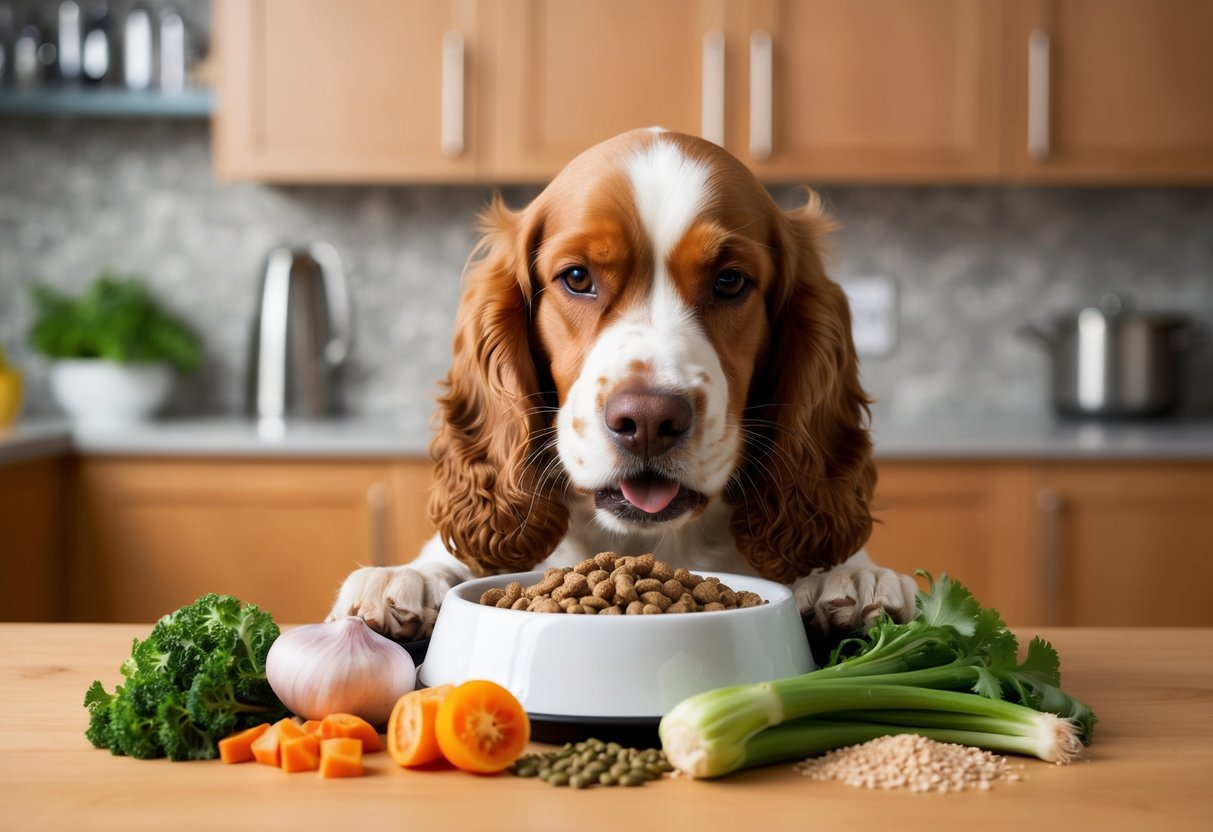 A Cocker Spaniel eagerly eats from a bowl filled with high-quality, balanced dog food, surrounded by ingredients like meat, vegetables, and grains