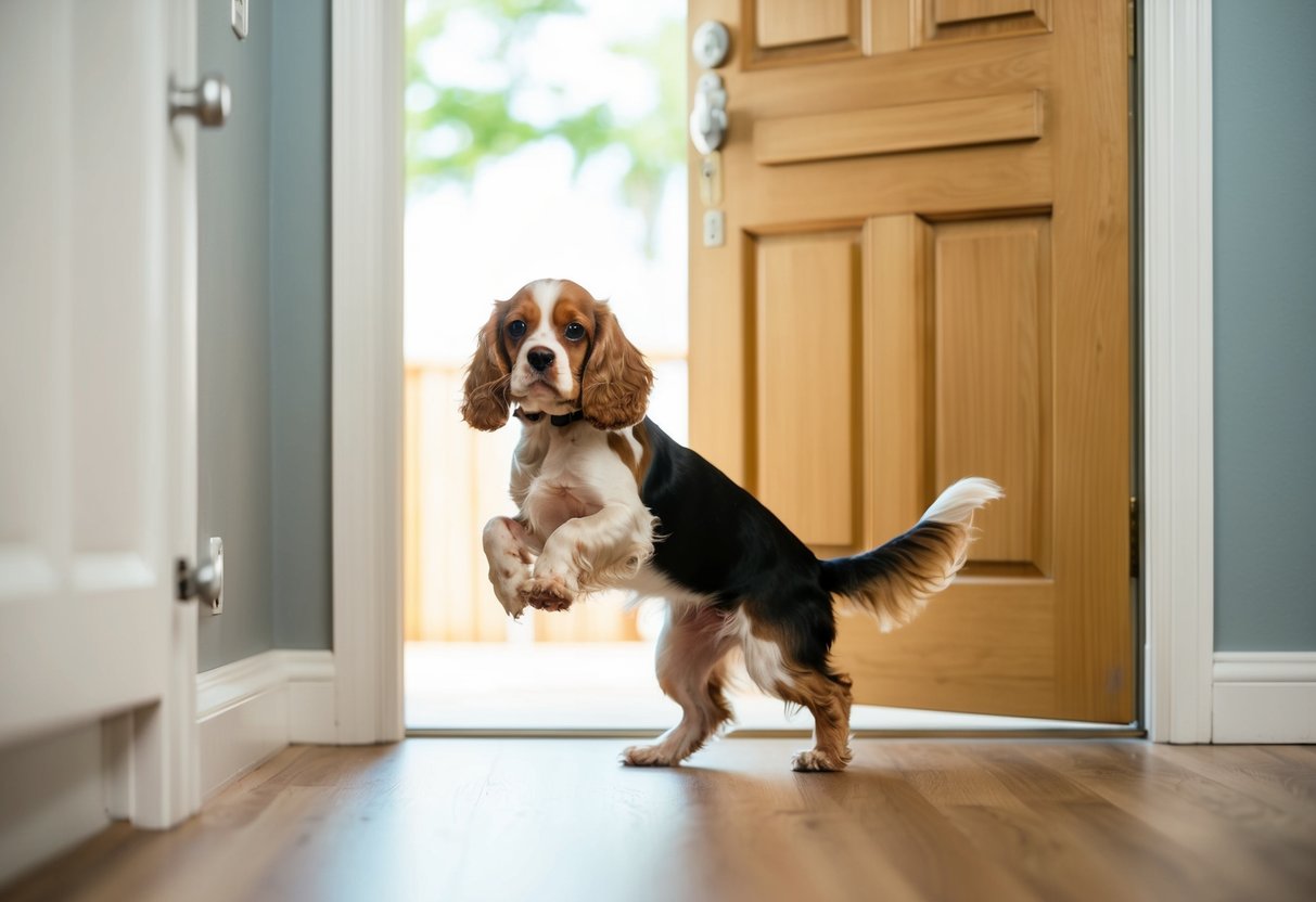 A cocker spaniel anxiously pacing by a door, legs crossed, with a full bladder