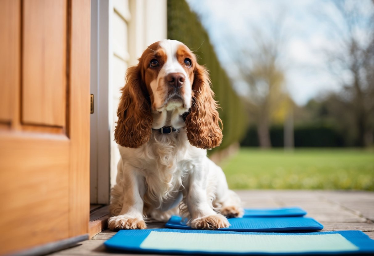 A cocker spaniel waiting anxiously by the door, surrounded by training pads and outdoor scenery