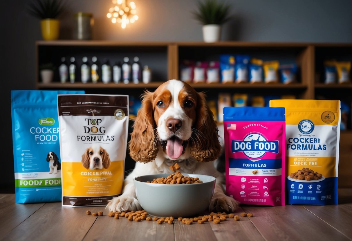 A Cocker Spaniel eagerly eating from a bowl surrounded by bags of top dog food brands and formulas