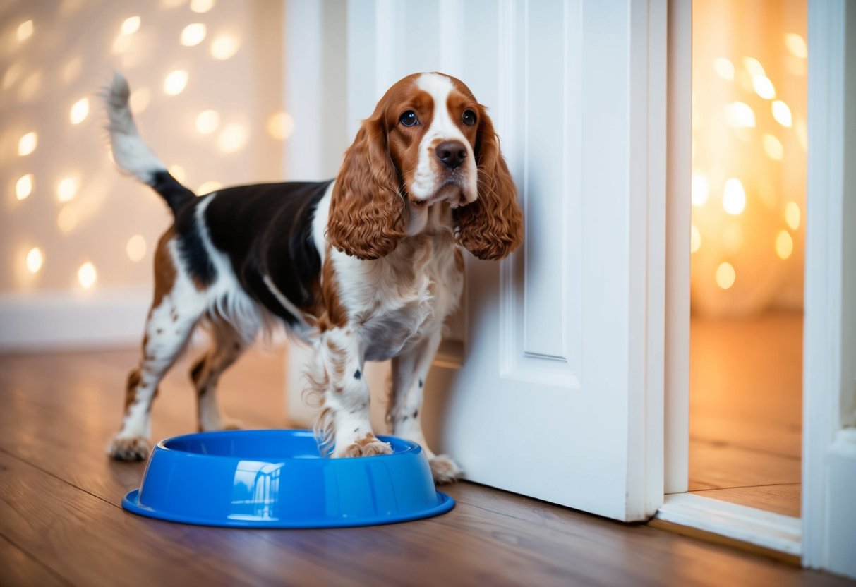 A cocker spaniel standing by a closed door, looking anxious, with a full water bowl nearby