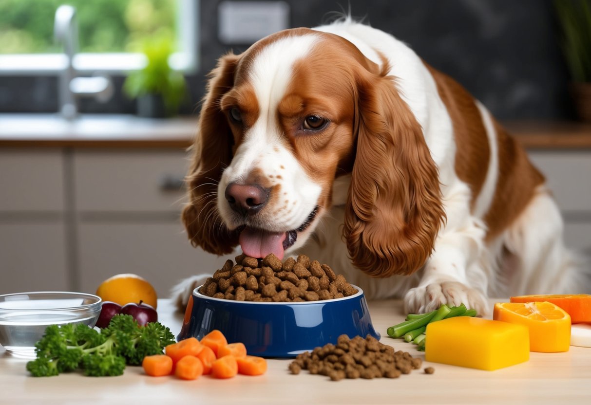 A Cocker Spaniel eagerly eats from a bowl of high-quality dog food, surrounded by a variety of healthy food options and a water dish