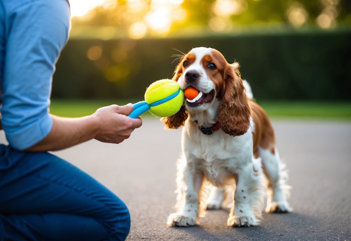 A cocker spaniel holds a toy in its mouth, wagging its tail eagerly as it approaches a person, ready to present the item