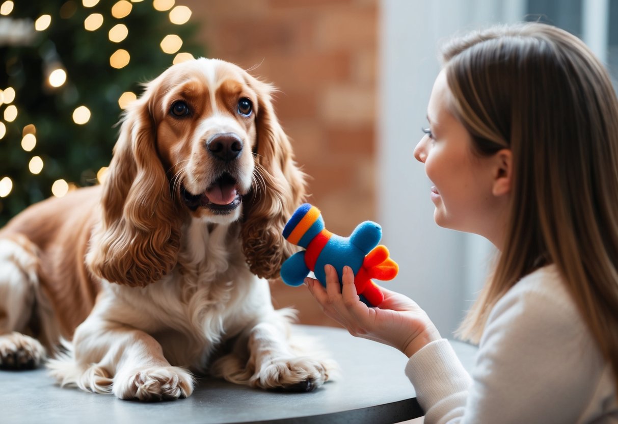 A cocker spaniel proudly presents a toy to its owner, tail wagging and eyes bright with anticipation
