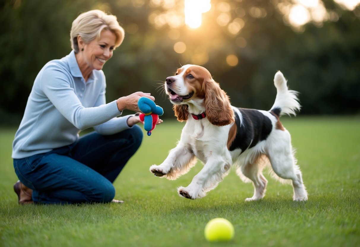 A cocker spaniel eagerly brings a toy to its owner, wagging its tail with anticipation. The owner smiles, engaging the dog in playful training