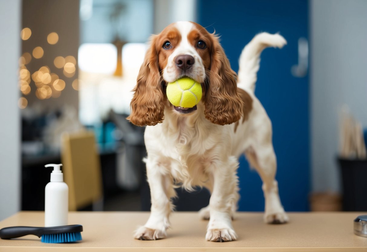 A cocker spaniel stands with a ball in its mouth, wagging its tail eagerly, while a brush and grooming supplies sit nearby