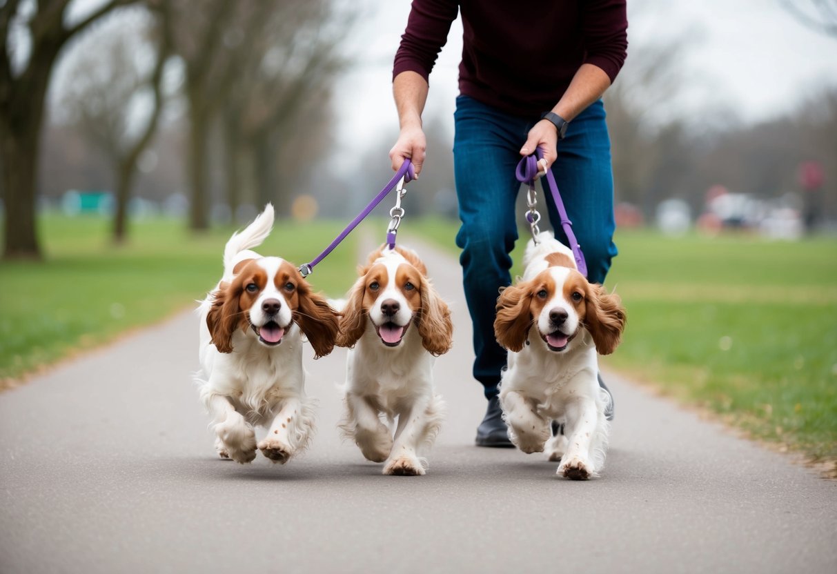 A person struggles to control two energetic cocker spaniels on leashes during a walk in a park. The dogs are pulling in different directions, making it difficult for the person to maintain control