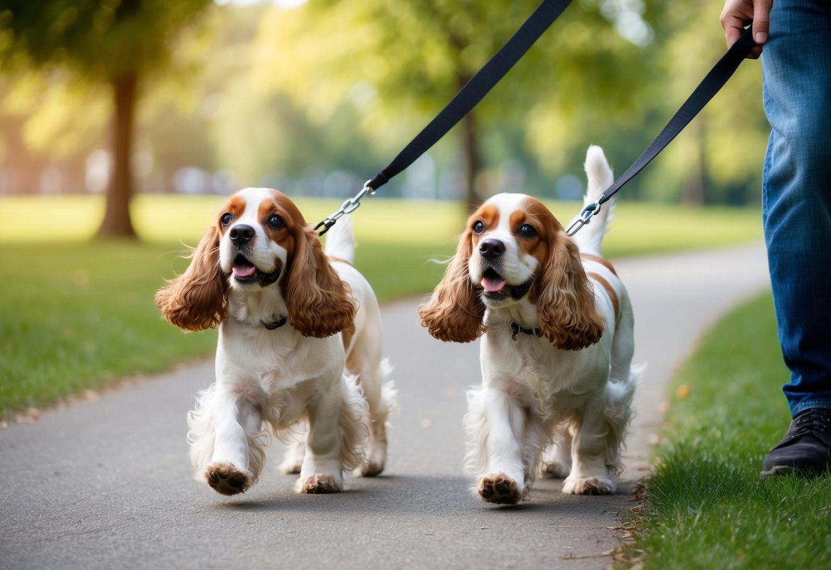 Two cocker spaniels tug on their leashes, straining against their owner's grip during a walk in the park