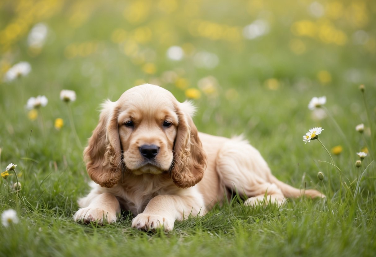 A serene, golden Cocker Spaniel puppy rests peacefully on a soft, grassy meadow, surrounded by dainty wildflowers