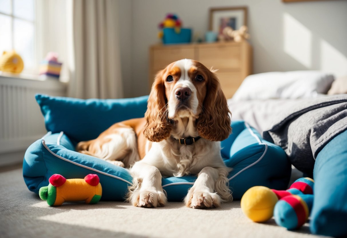 A calm, content cocker spaniel lounges peacefully in a sunlit room, surrounded by toys and comfortable bedding